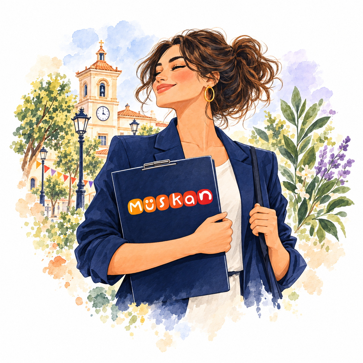 Coordinadora de Muskan Eventos con el logotipo oficial en su carpeta