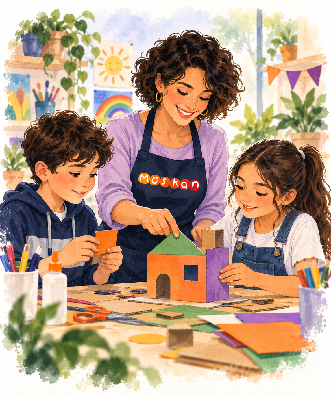 Monitora de Muskan guiando un taller creativo con escolares
