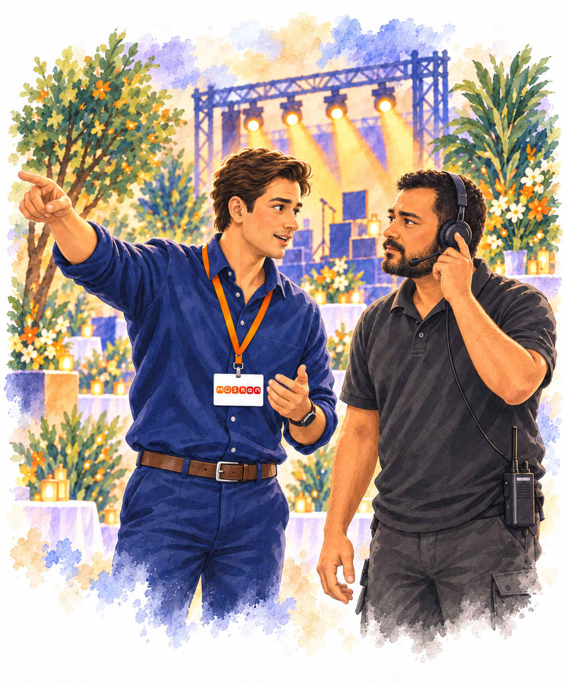 Coordinador de Muskan hablando con un técnico durante la preparación del evento
