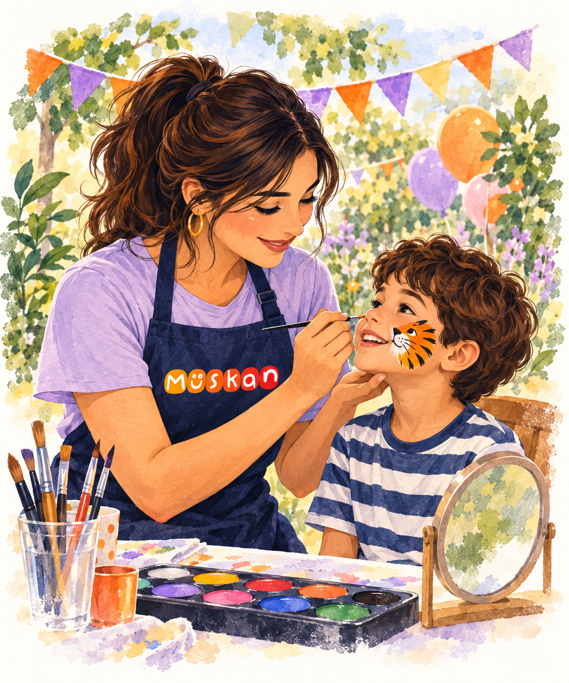 Monitora joven de Muskan realizando un pintacaras a un niño