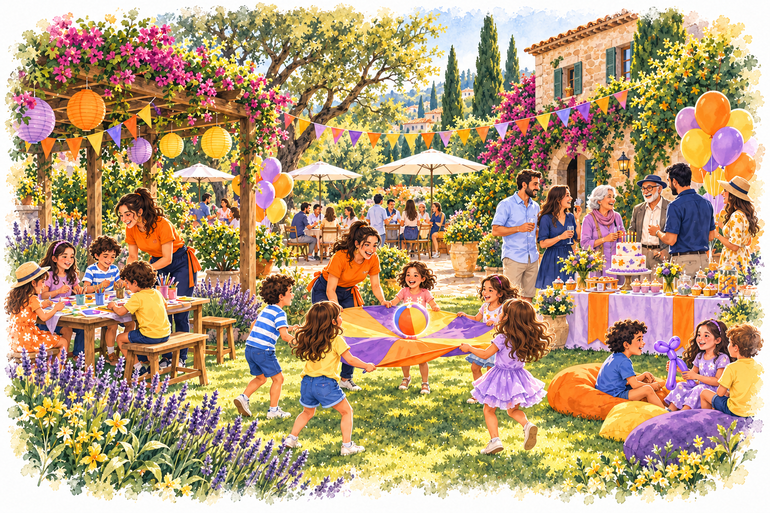 Celebración familiar al aire libre con juegos, talleres y animación